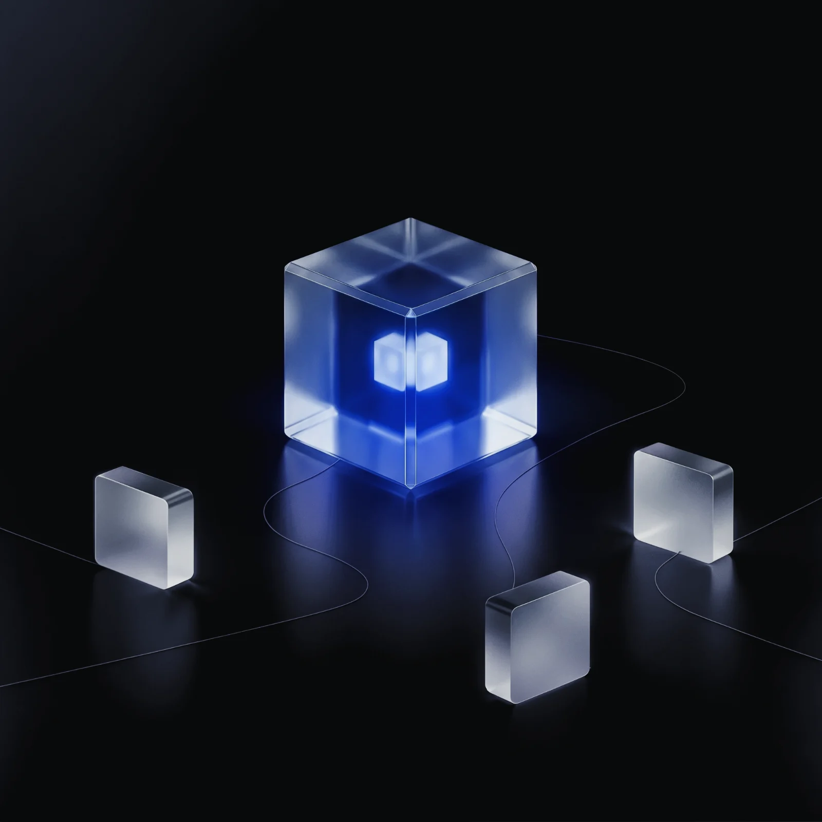 Un cubo di vetro illuminato in blu collegato da linee sottili a moduli satinati: le fonti aziendali unite in un’unica memoria.